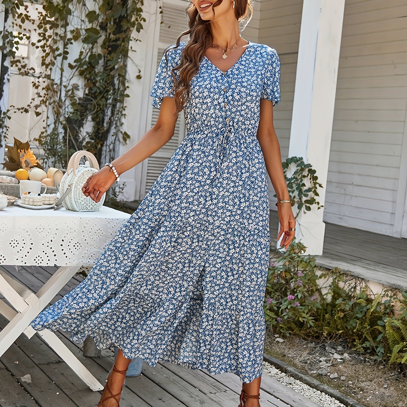 למיס | שמלה ארוכה רפויה עם הדפס פרחוני וחריצים לקיץ