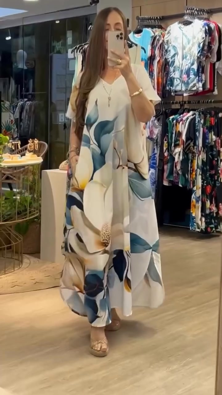 מרווה | שמלת נשים רחבה עם מחשוף V והדפס פרחוני