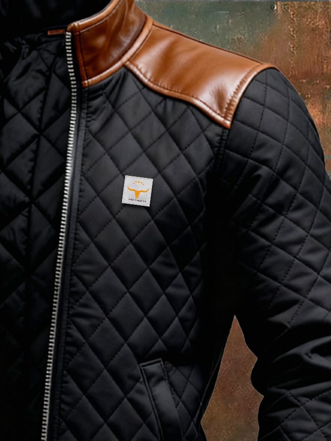 AlpenNord™ | Schwarze gesteppte Jacke mit Leder-Details an den Schultern