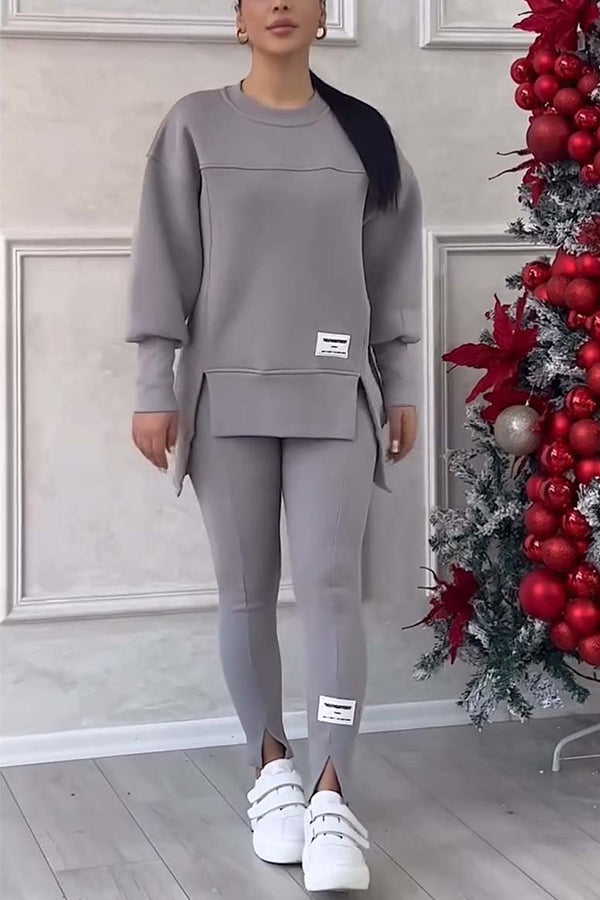 סט סוודר אופנתי עם שרוולים ארוכים ומכנסיים עם מותן אלסטית