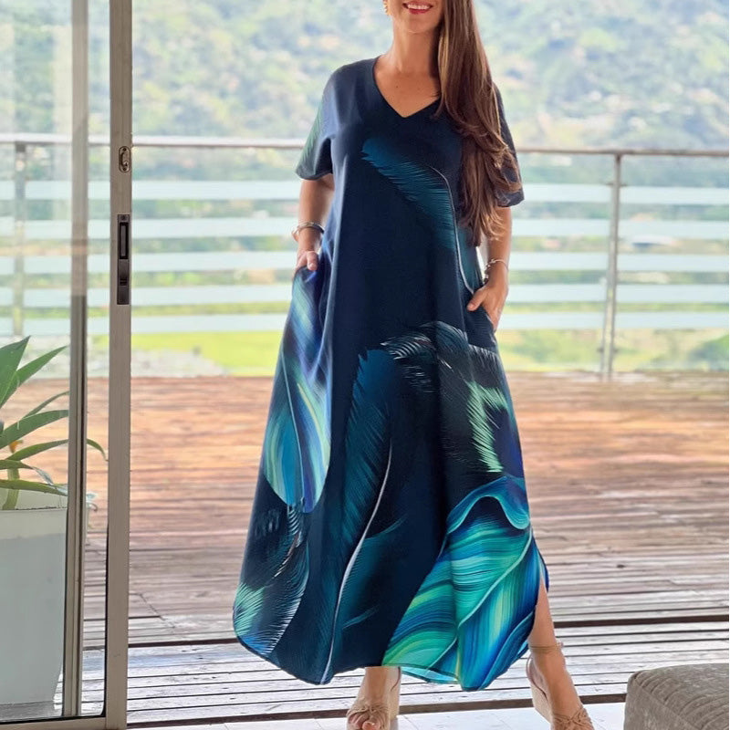 מרווה | שמלת נשים רחבה עם מחשוף V והדפס פרחוני