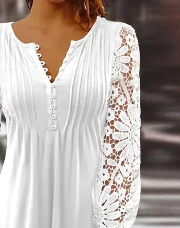 טוניקה עם שרוולים מבד תחרה פרחונית לבנה