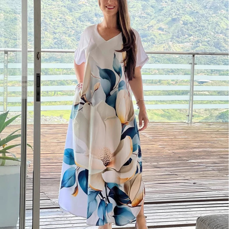 מרווה | שמלת נשים רחבה עם מחשוף V והדפס פרחוני