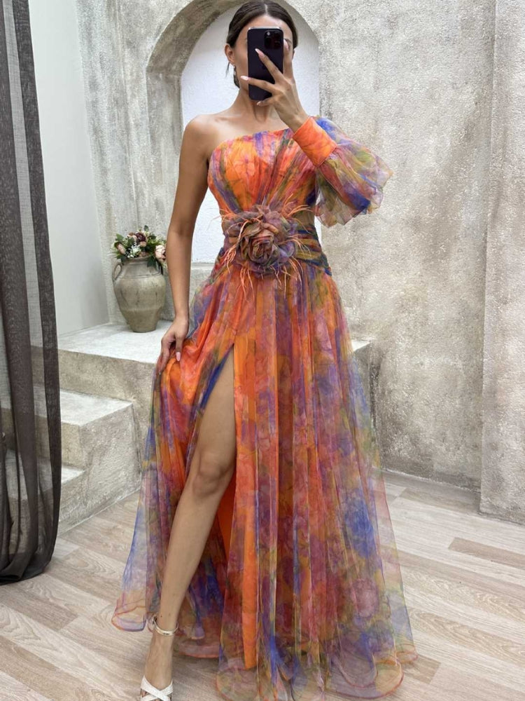 קיילה |  שמלה ארוכה עם פרחים אסימטרית