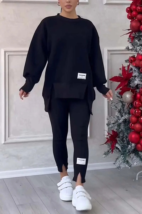 סט סוודר אופנתי עם שרוולים ארוכים ומכנסיים עם מותן אלסטית