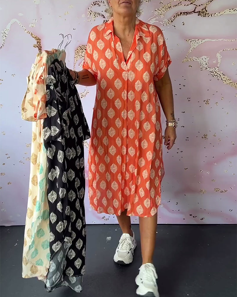 ליאורה | שמלת אביב רחבה עם צווארון רוורס ושרוולים קצרים