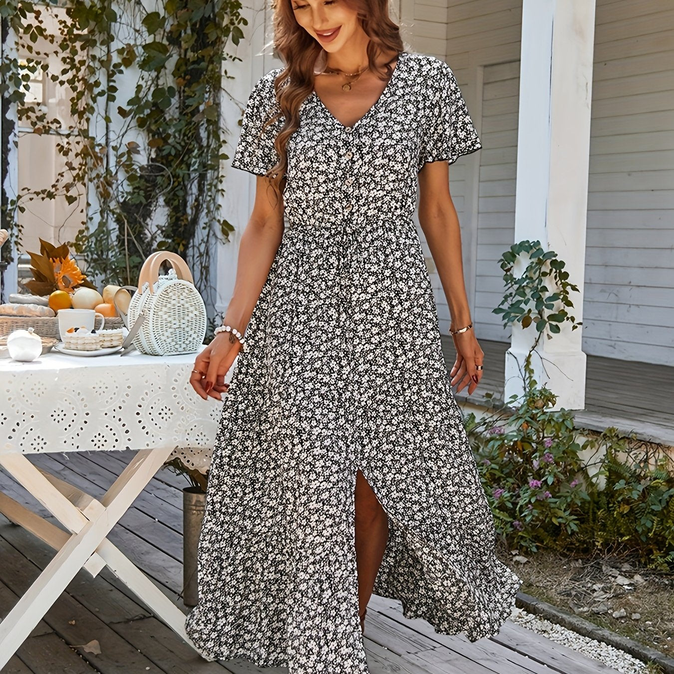 למיס | שמלה ארוכה רפויה עם הדפס פרחוני וחריצים לקיץ