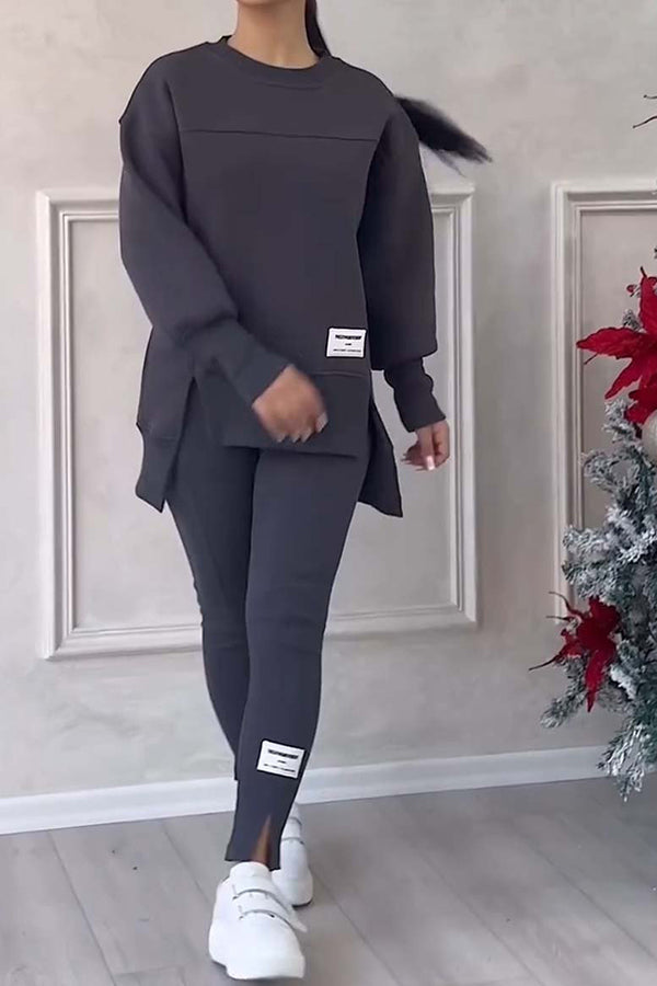 סט סוודר אופנתי עם שרוולים ארוכים ומכנסיים עם מותן אלסטית