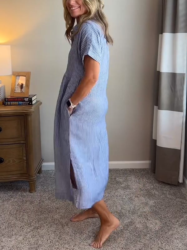 מיטל | שמלת חולצה פסים עם כפתורים וכיסים פונקציונליים