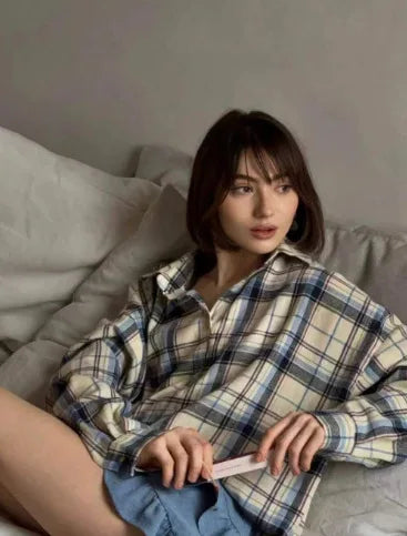 עלמה | חולצת פלאיד וינטג' עם כיסים וצווארון מפונפן