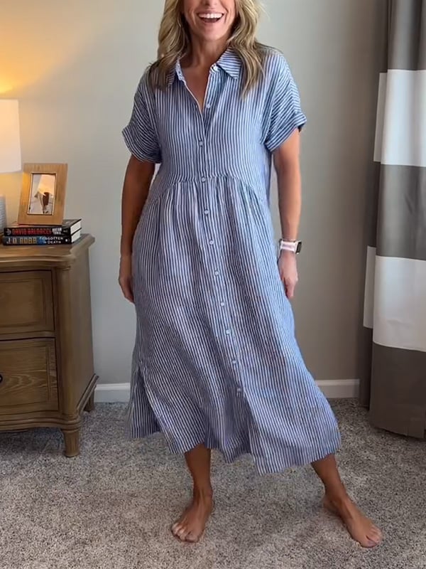 מיטל | שמלת חולצה פסים עם כפתורים וכיסים פונקציונליים