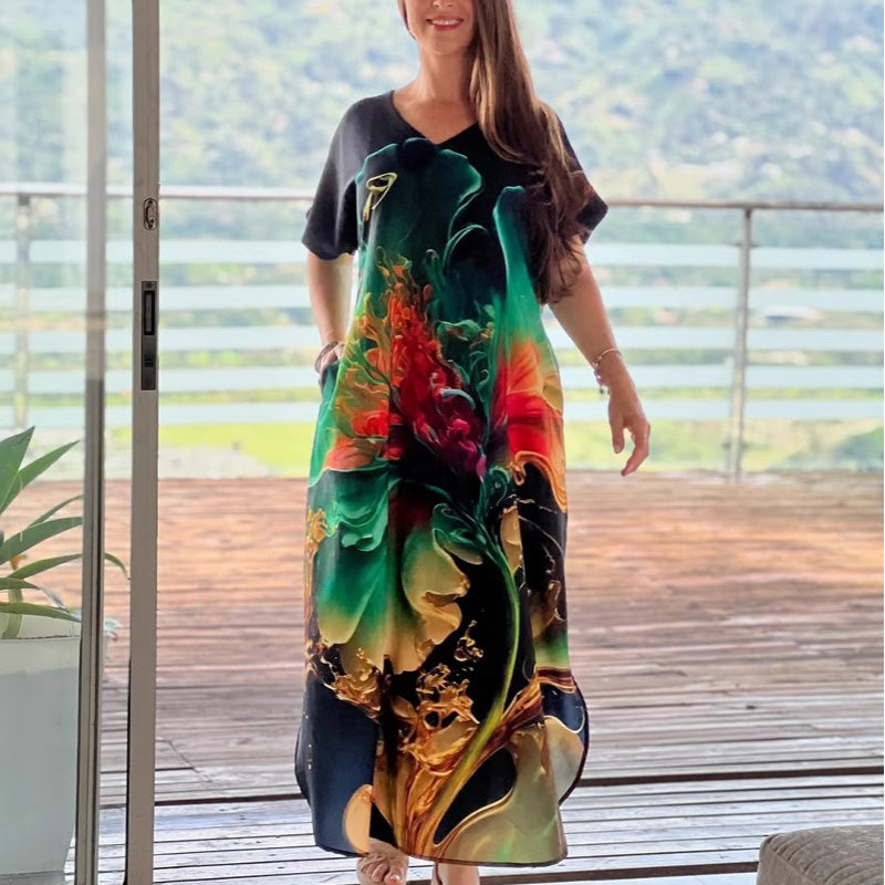 מרווה | שמלת נשים רחבה עם מחשוף V והדפס פרחוני