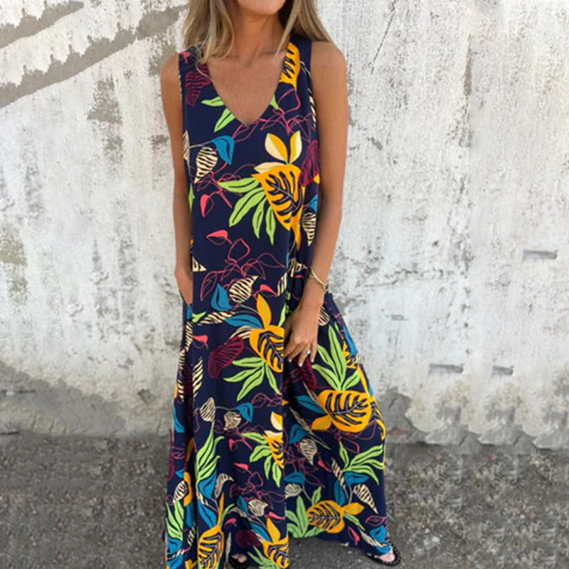 הודיה | שמלת קיץ ללא שרוולים עם מפתח V והדפס עלים